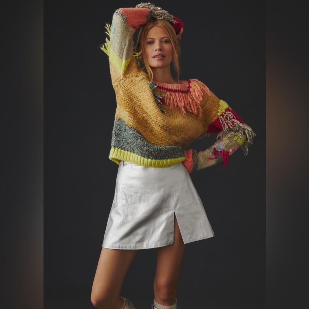 Anthropologie Fringed Colorblock Sweater Size Small NWT